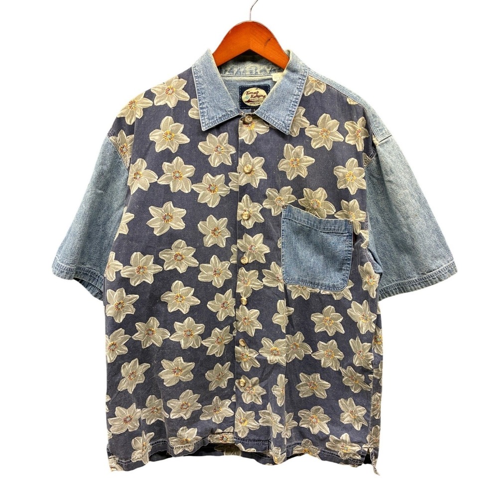 Tommy Bahama Denim Floral Button Down Shirt Mens L Blue Camp Vacation Resortwear